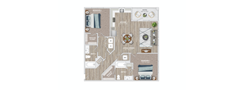 A floor plan of a house with two bedrooms, a kitchen, a patio, and a walk-in closet.