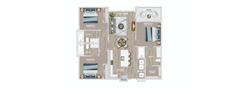 A floor plan of a house with three bedrooms, a living room, a kitchen, a bathroom, and a patio.