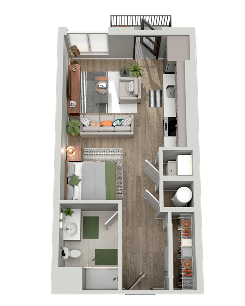 a 3d rendering of a 1 bedroom floor plan