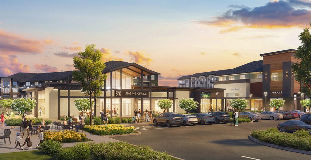 A rendering of a shopping center with cars parked in front and people walking around.