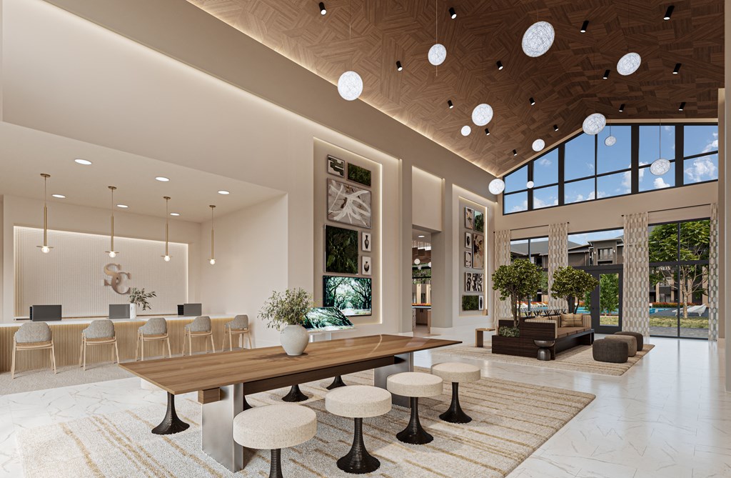 A modern dining area with a long table and chairs.