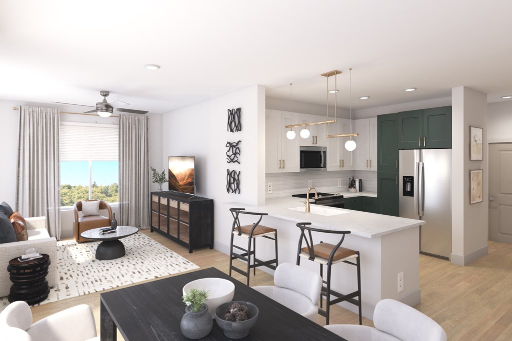 A modern kitchen with dark wood floors and white walls.