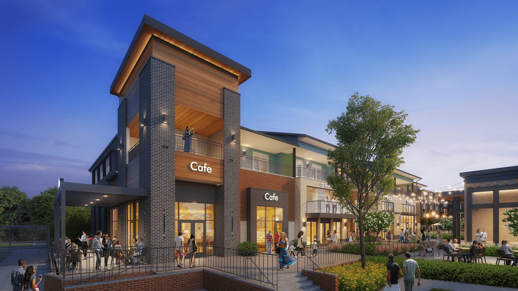 A modern cafe with people sitting outside at dusk.