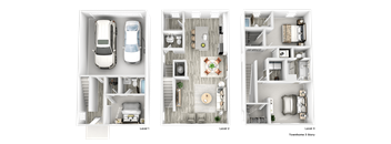 a 3d rendering of three floor plans of a house and a car