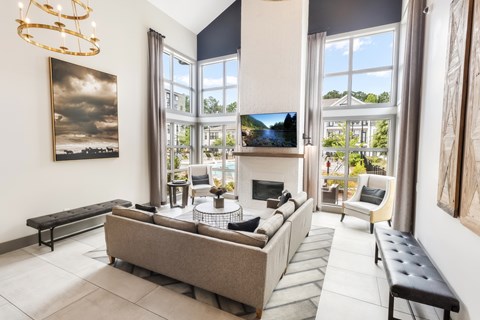 A living room with a grey couch and a television.