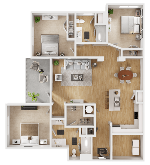 a floor plan of a 3 bedroom apartment