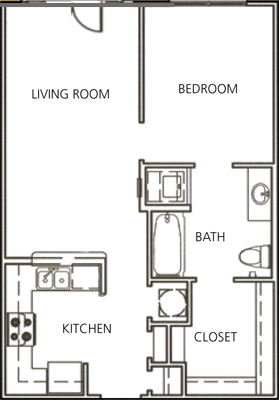 1 Bedroom 1 Bath 596 Sq.Ft. Toulouse Floor Plan at The Orleans of Decatur, Georgia, 30033