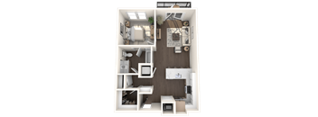A 3D floor plan of a small apartment with a kitchen, living room, and bathroom.