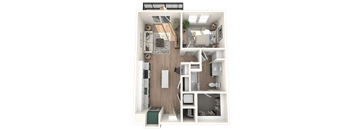 A 3D floor plan of a small apartment with a kitchen, living room, and bathroom.