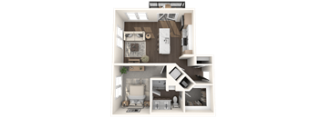 A top-down view of a small, neatly organized apartment with a bedroom, living room, and kitchen.