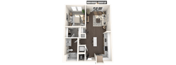 A 3D rendered image of a small apartment layout.