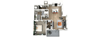 a 3d rendering of a floor plan with a bedroom and a living room