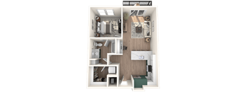 A 3D floor plan of a small apartment with a kitchen, living room, and bathroom.