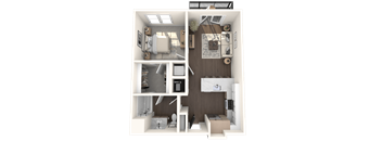A 3D floor plan of a small apartment with a kitchen, living room, and bathroom.