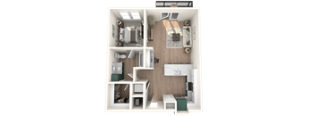 A 3D floor plan of a small apartment with a kitchen, living room, and bathroom.
