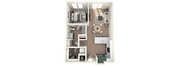 A 3D floor plan of a small apartment with a kitchen, living room, and bathroom.