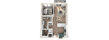 A 3D floor plan of a small apartment with a kitchen, living room, and bathroom.