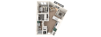 A 3D floor plan of a small apartment with a kitchen, living room, and bathroom.