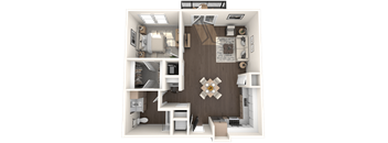 A 3D rendered image of a small apartment layout.