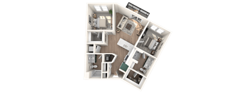 A 3D floor plan of a house with multiple rooms and furniture.