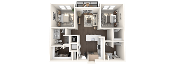 A 3D rendered image of a small apartment layout.