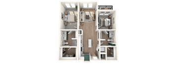 A 3D floor plan of a small apartment with two bedrooms, a living room, and a kitchen.