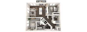 A 3D rendered image of a modern apartment layout.