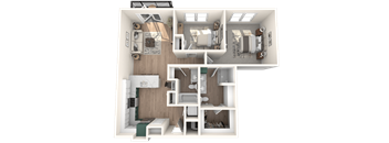 A 3D floor plan of a house with a kitchen, living room, and two bedrooms.
