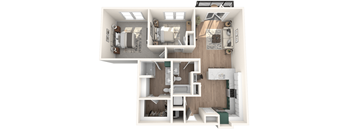 A 3D floor plan of a small apartment with a kitchen, living room, and bathroom.