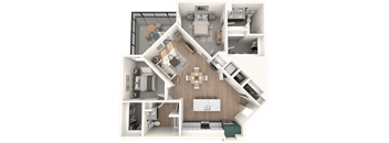 A 3D floor plan of a house showing a kitchen, living room, and two bedrooms.