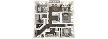A 3D rendered image of a house layout.