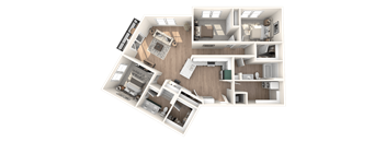 A 3D floor plan of a house showing a living room, kitchen, and bedrooms.