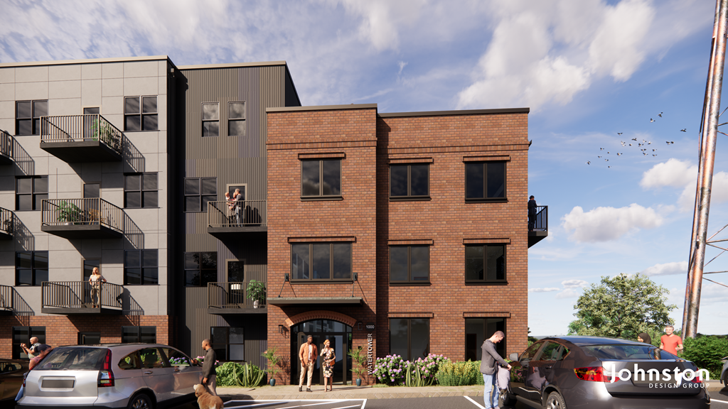 a rendering of a three story apartment building with cars on the street