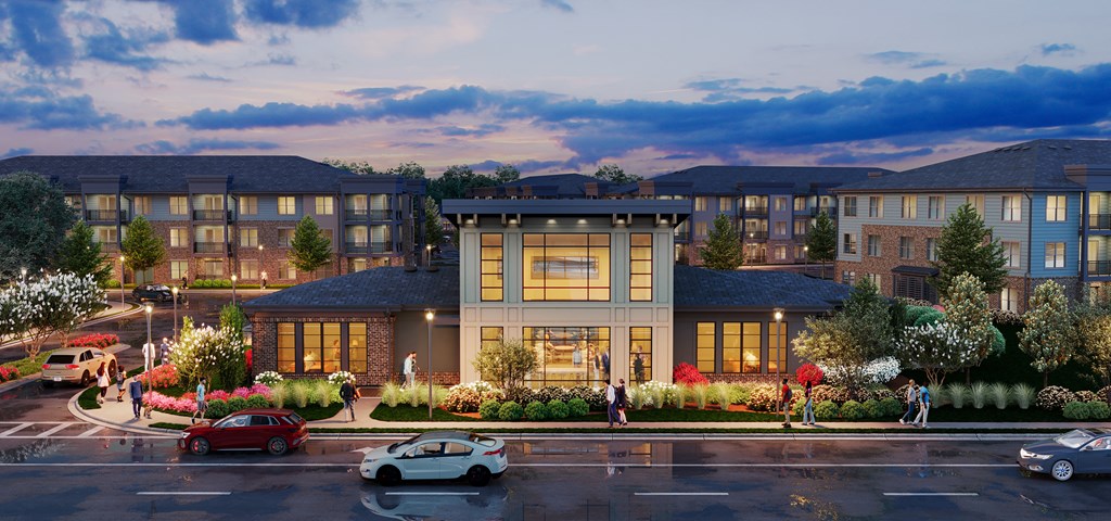 a rendering of a large building on a city street