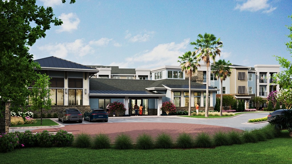 a rendering of a building with cars parked in front of it