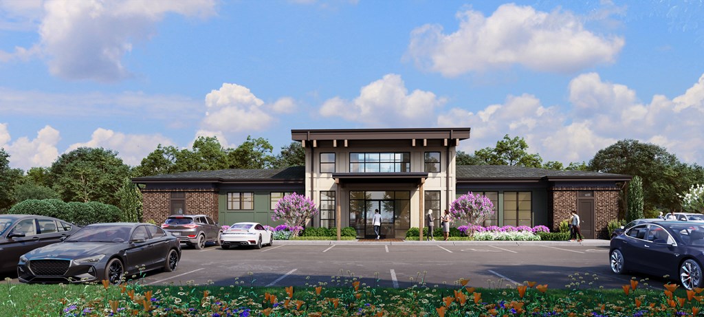 a rendering of a building with cars parked in front of it