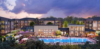a rendering of an apartment complex with a pool in the foreground