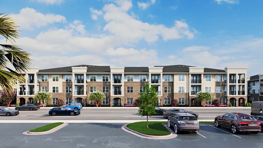 a rendering of an apartment building with cars in a parking lot