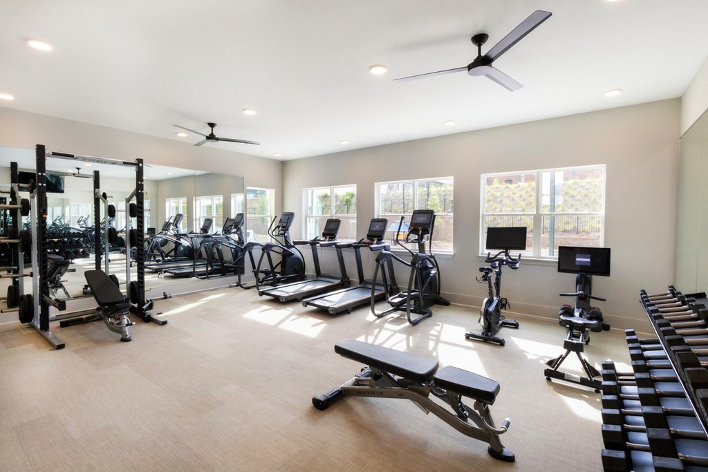 a large fitness room with weights and cardio equipment and windows