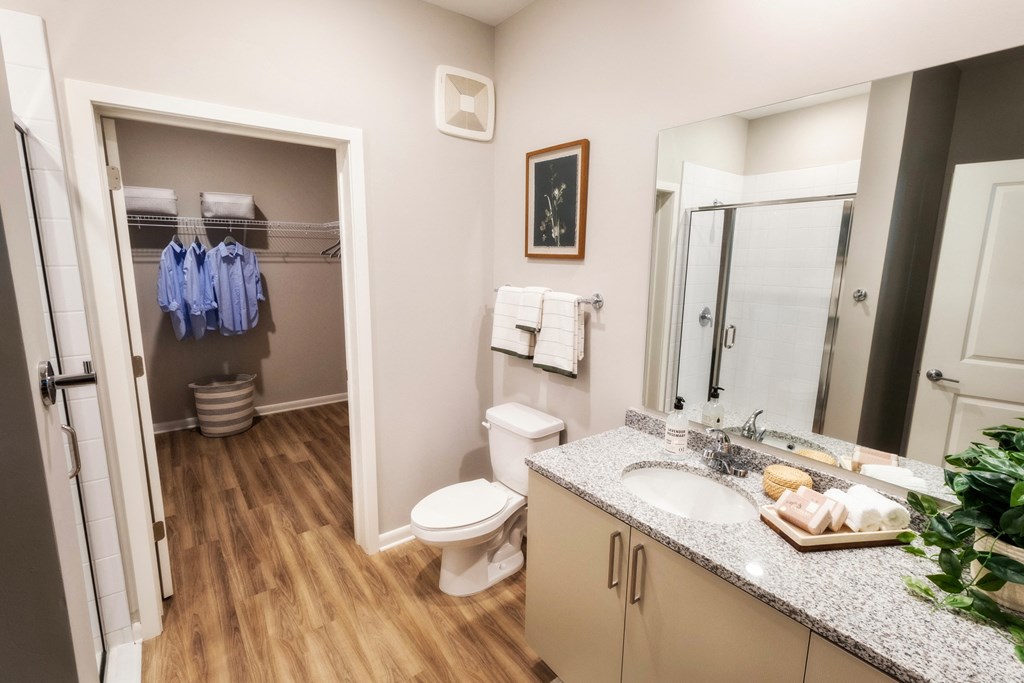 a bathroom with a shower toilet and sink and a mirror