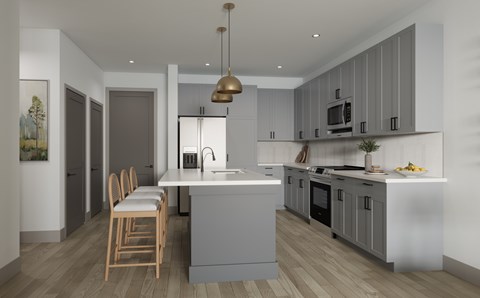A modern kitchen with a dining table and chairs.