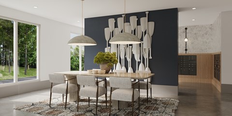 A modern dining room with a table set for four.