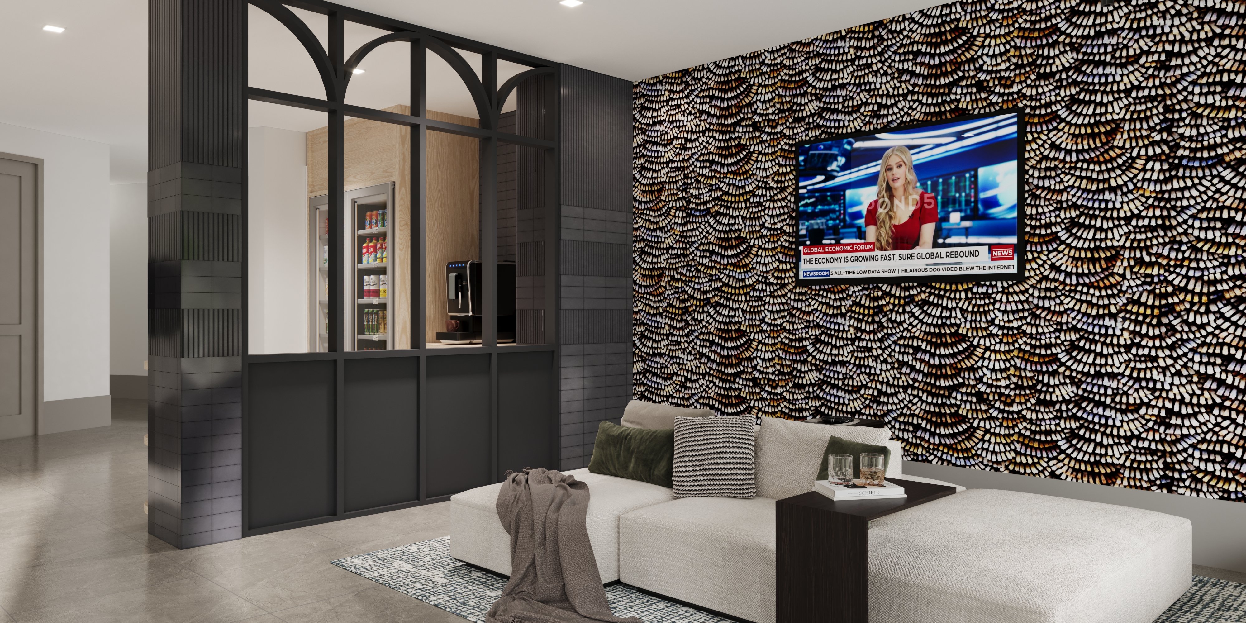 A modern living room with a television on the wall.