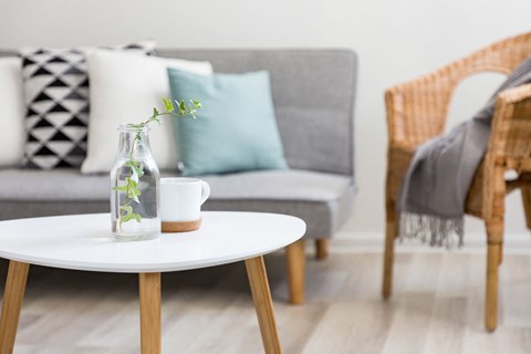 a living room with a couch and a coffee table with a vase on it