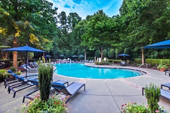 a swimming pool with chaise lounge chairs and umbrellas - Photo Gallery 11