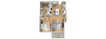A top-down view of a small apartment layout with a kitchen, living room, and bathroom.