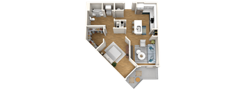 A detailed 3D floor plan of a house showing all rooms and furniture layout.
