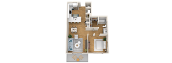 A top-down view of a well-organized apartment with a kitchen, living room, and bathroom.