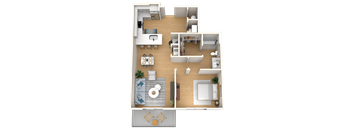 A top-down view of a small apartment layout with a kitchen, living room, and bathroom.