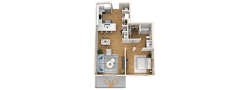 A top-down view of a small apartment layout with a kitchen, living room, and bathroom.